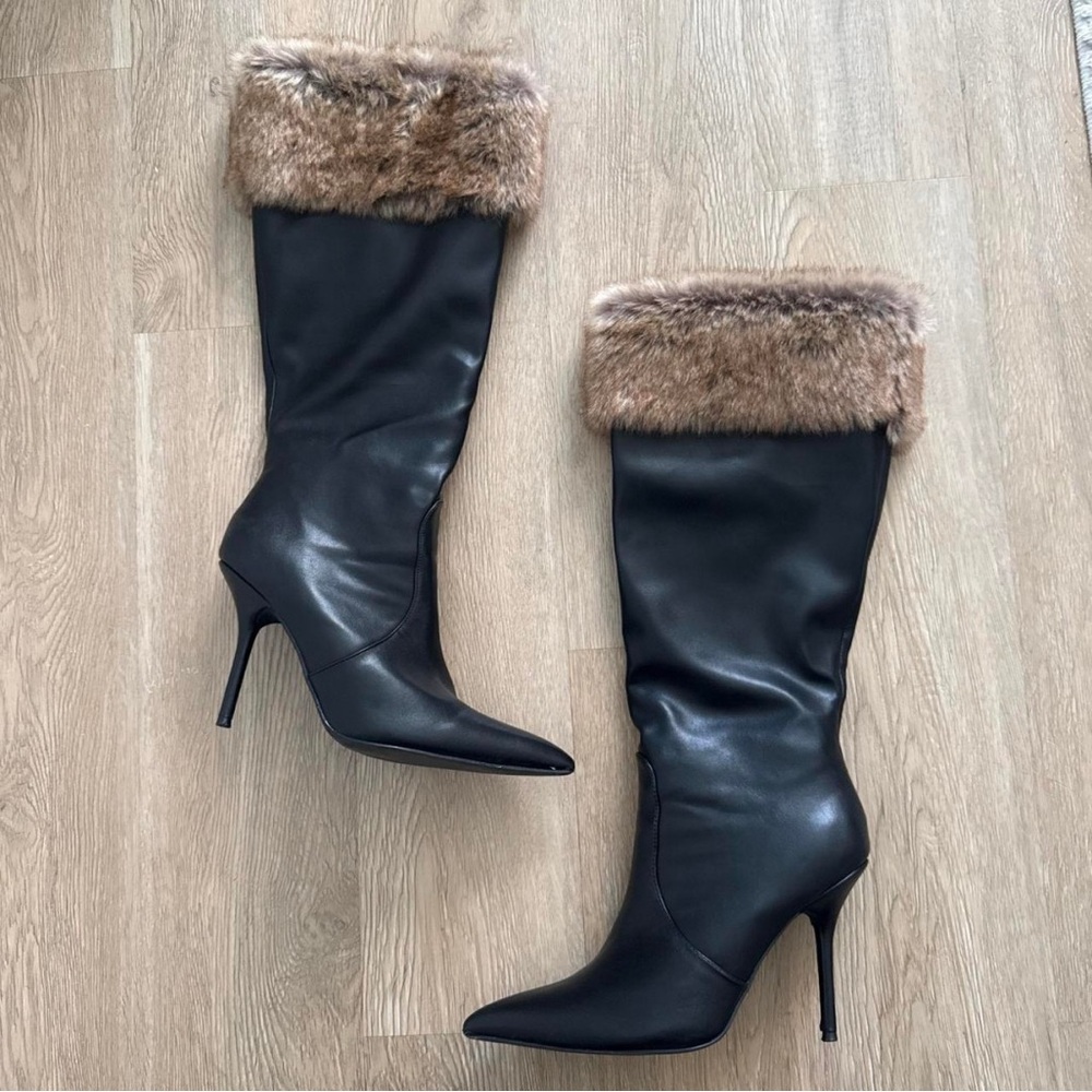 Windsor Black Heeled Boots with Tan Faux Fur